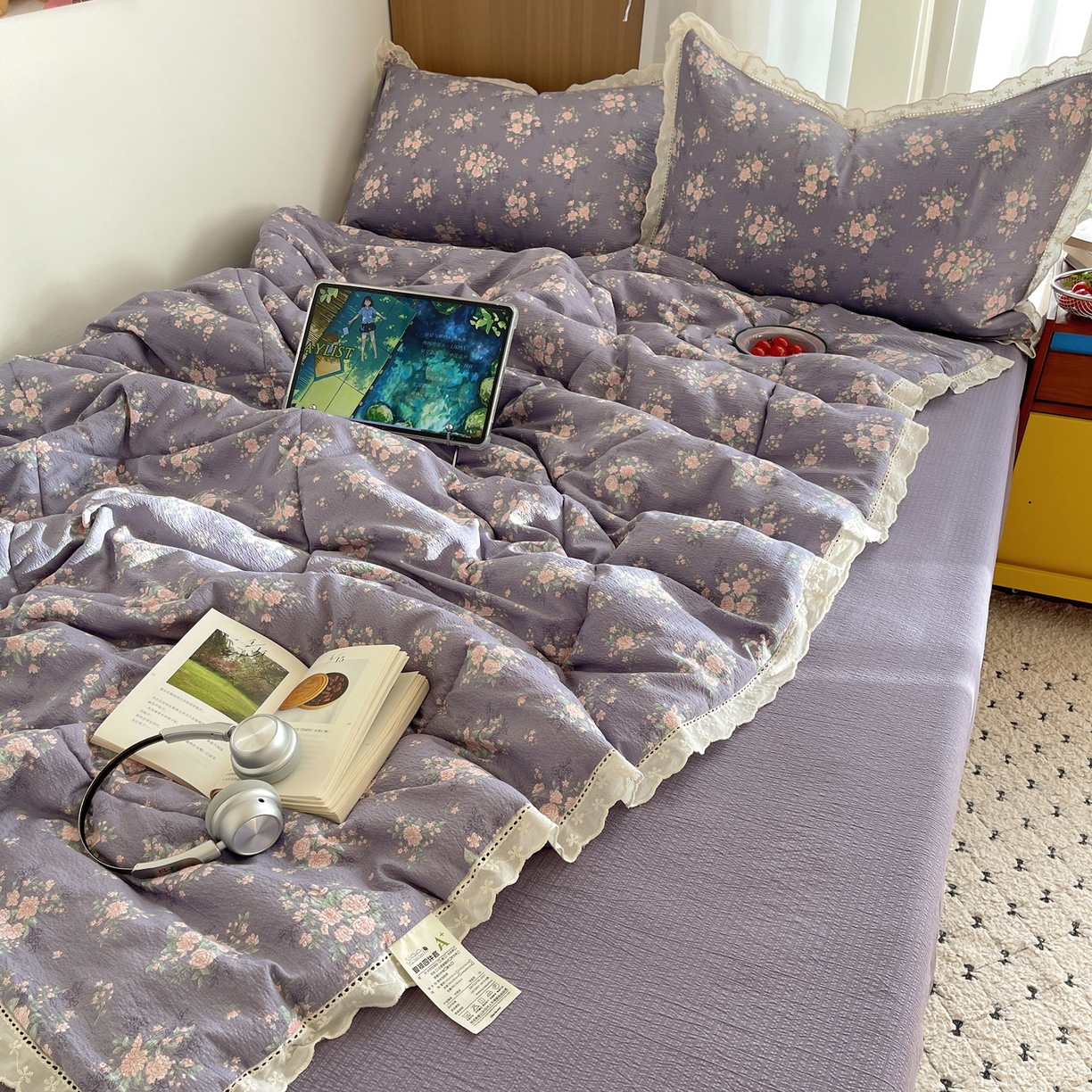 91家纺网 家纺一手货源 找家纺 宝士康家纺 2026新款10A抗菌提花色织花边单夏被/夏被四件套/空调被 樱落紫