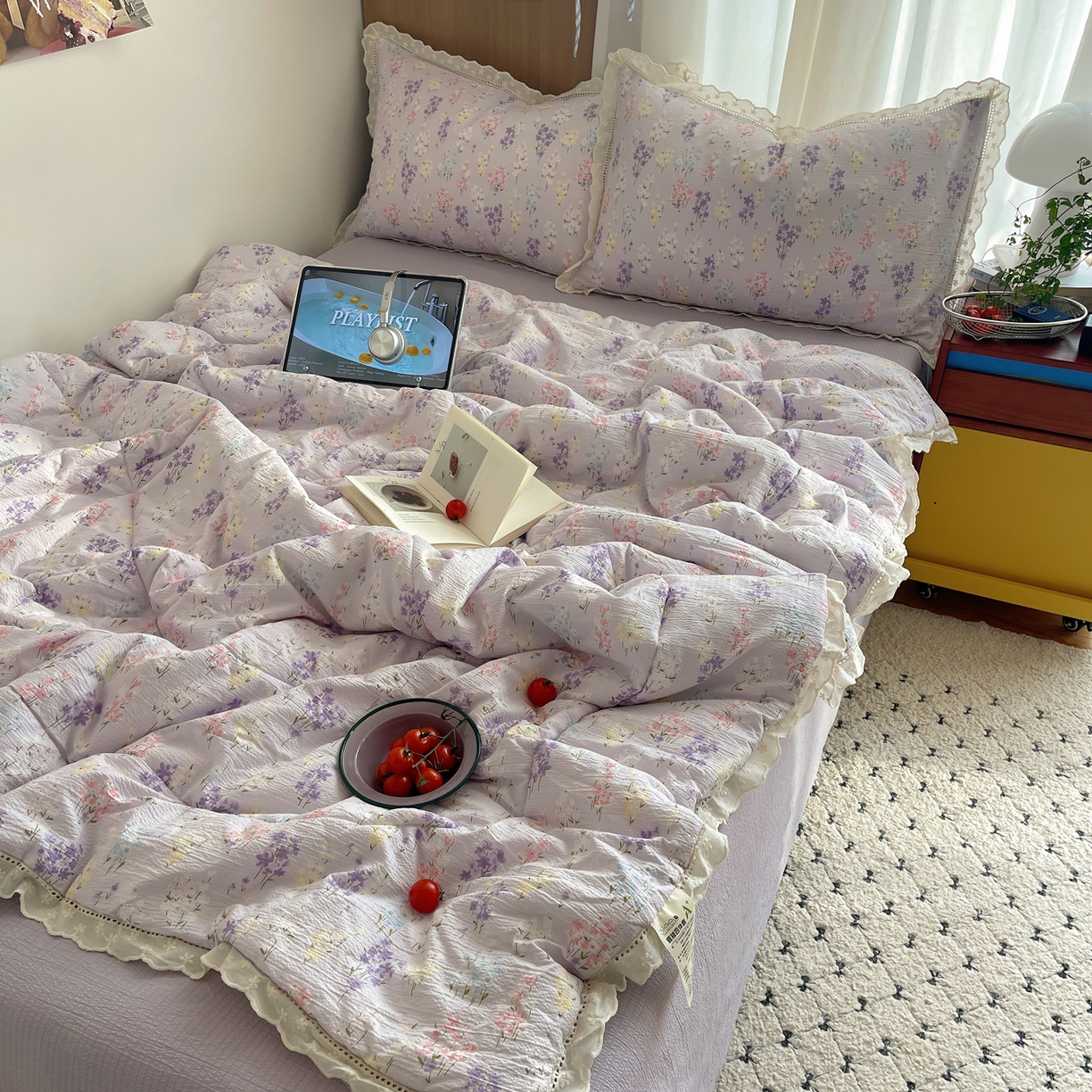 91家纺网 家纺一手货源 找家纺 宝士康家纺 2026新款10A抗菌提花色织花边单夏被/夏被四件套/空调被 紫菱花