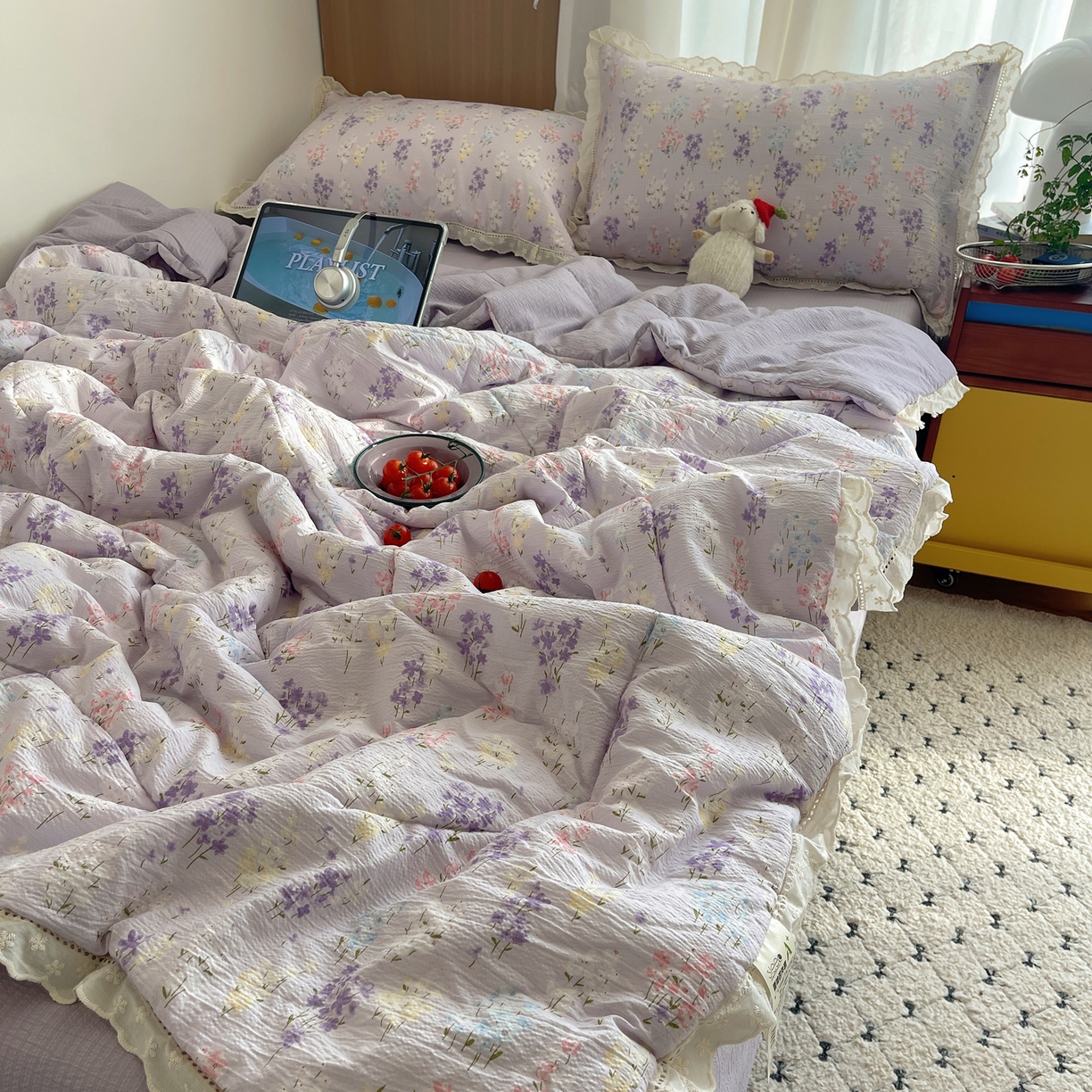 91家纺网 家纺一手货源 找家纺 宝士康家纺 2026新款10A抗菌提花色织花边单夏被/夏被四件套/空调被 紫菱花