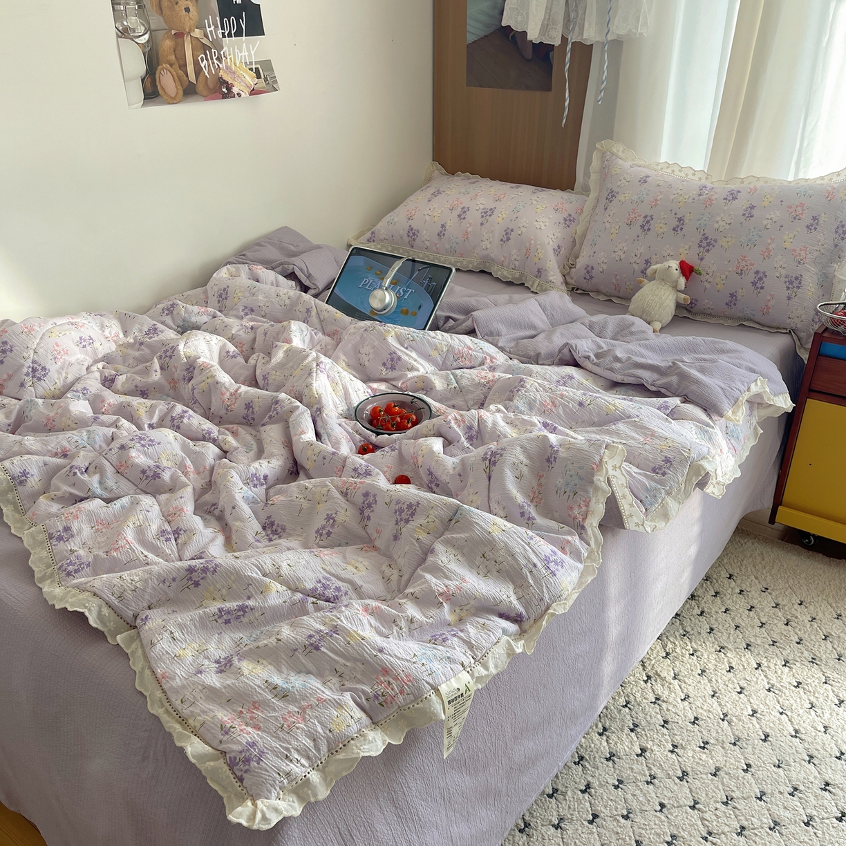 91家纺网 家纺一手货源 找家纺 宝士康家纺 2026新款10A抗菌提花色织花边单夏被/夏被四件套/空调被 紫菱花