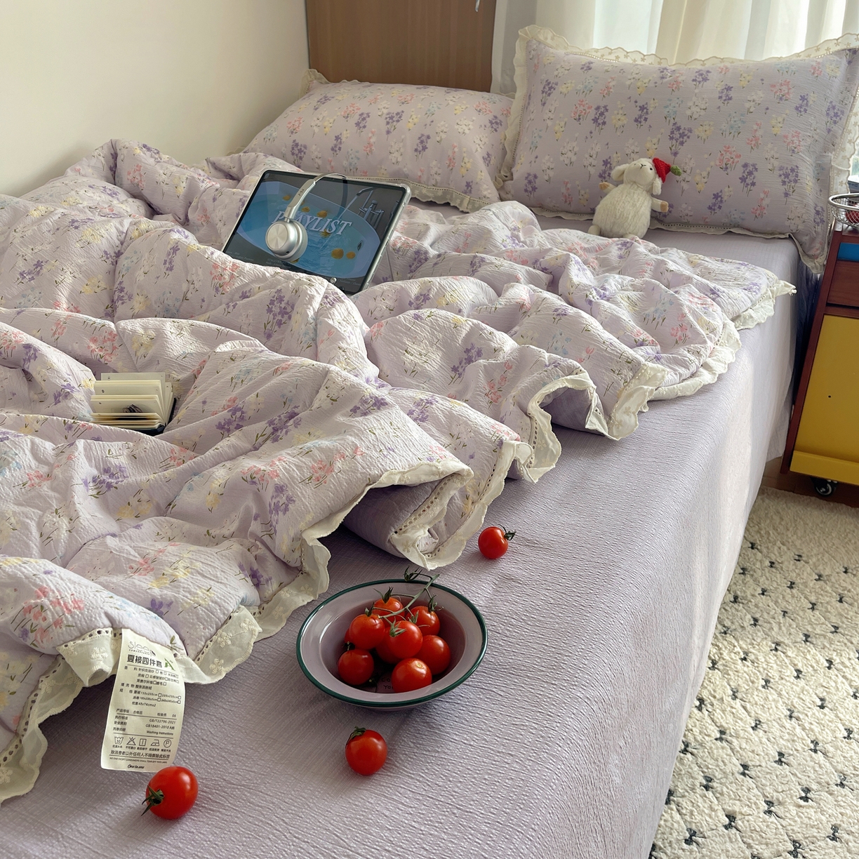 91家纺网 家纺一手货源 找家纺 宝士康家纺 2026新款10A抗菌提花色织花边单夏被/夏被四件套/空调被 紫菱花