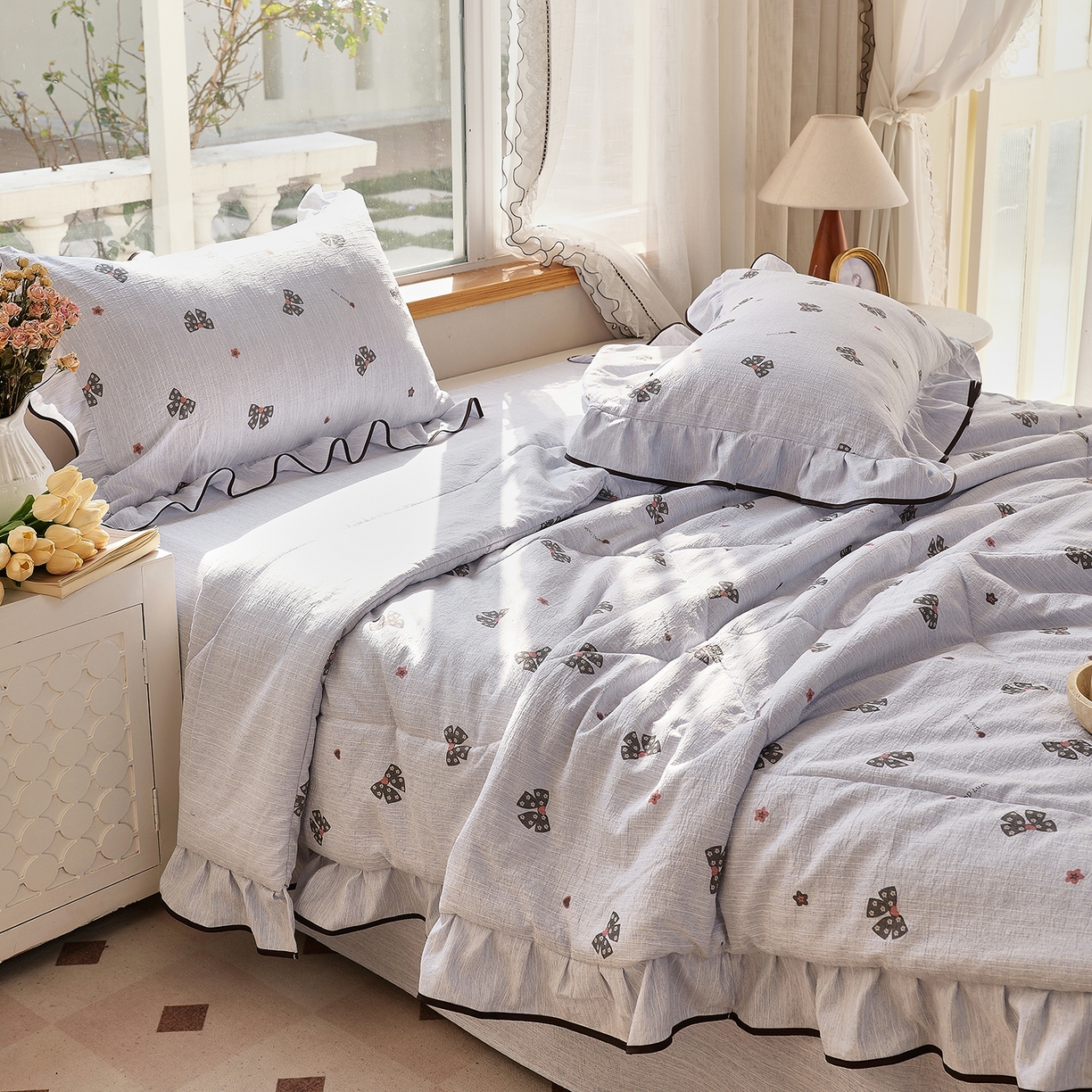 91家纺网 家纺一手货源 找家纺 宝士康家纺 2026新款10A抗菌提花色织花边单夏被/夏被四件套/空调被 星语心结