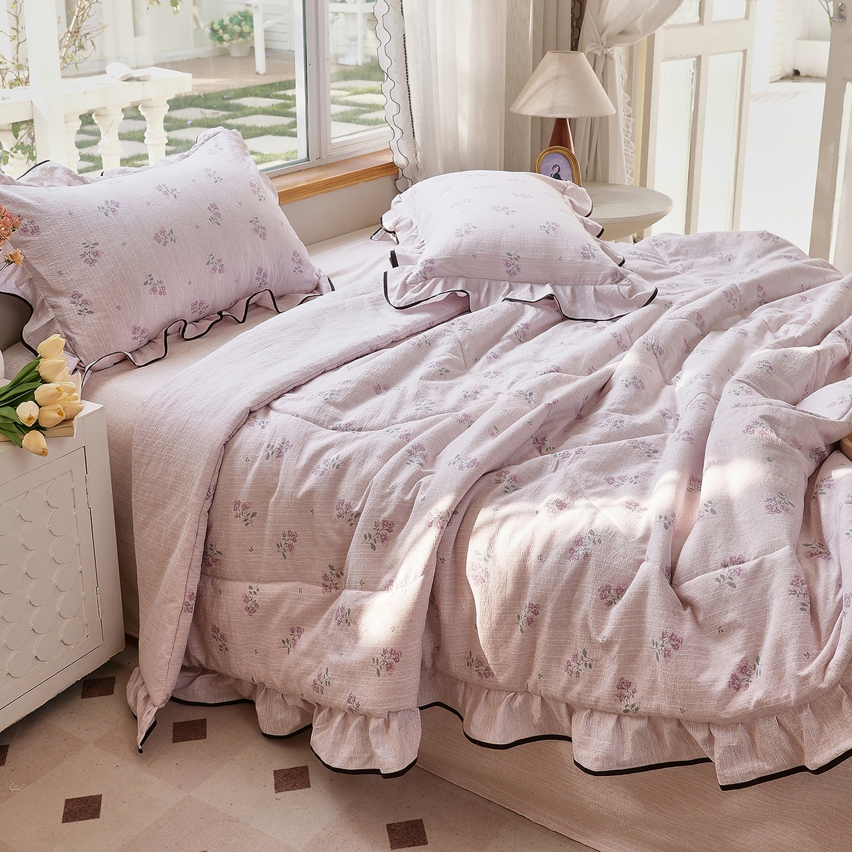 91家纺网 家纺一手货源 找家纺 宝士康家纺 2026新款10A抗菌提花色织花边单夏被/夏被四件套/空调被 樱花绘