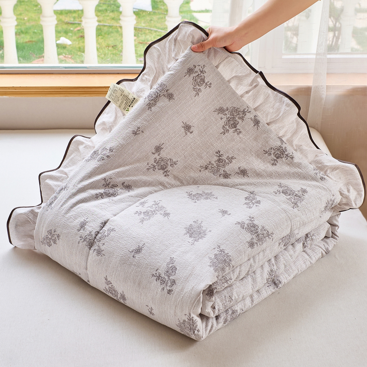 宝士康家纺 2026新款10A抗菌提花色织花边单夏被/夏被四件套/空调被 灰调玫瑰