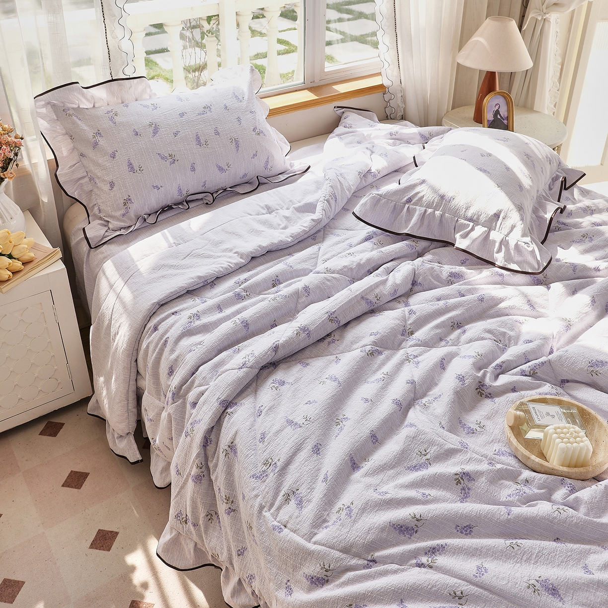 91家纺网 家纺一手货源 找家纺 宝士康家纺 2026新款10A抗菌提花色织花边单夏被/夏被四件套/空调被 紫穗