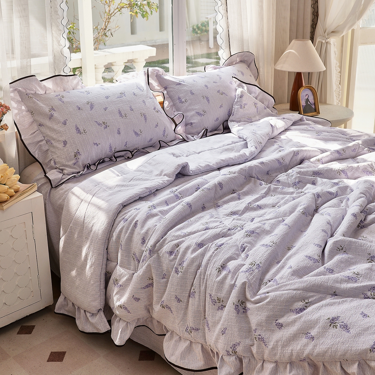 91家纺网 家纺一手货源 找家纺 宝士康家纺 2026新款10A抗菌提花色织花边单夏被/夏被四件套/空调被 紫穗