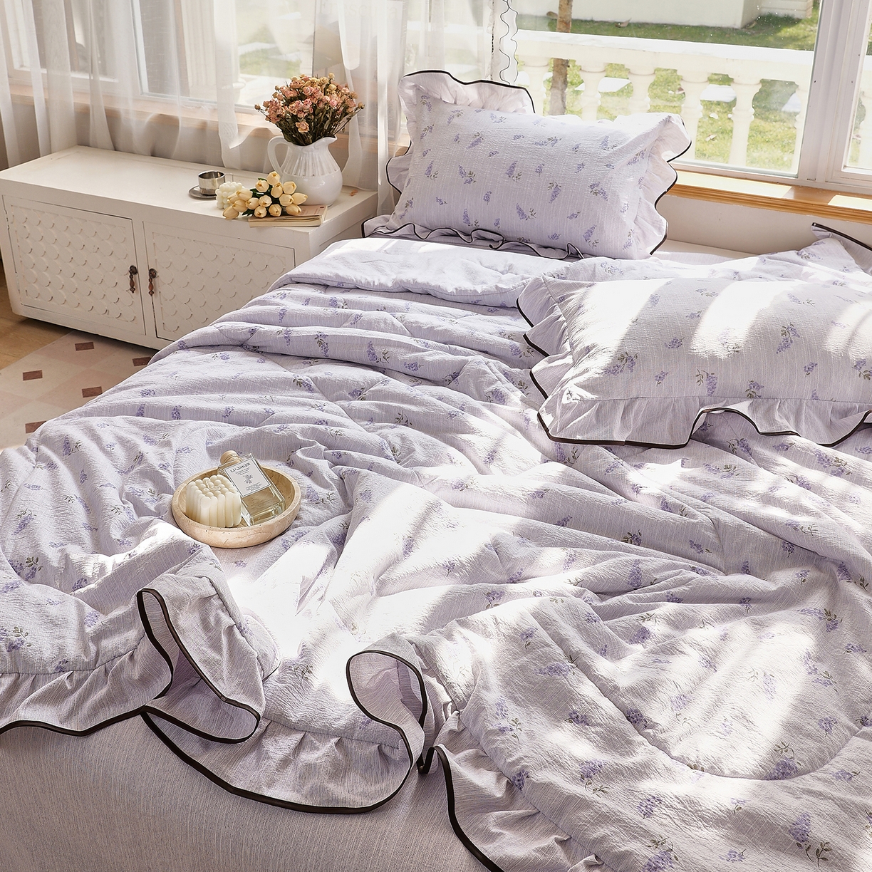 91家纺网 家纺一手货源 找家纺 宝士康家纺 2026新款10A抗菌提花色织花边单夏被/夏被四件套/空调被 紫穗