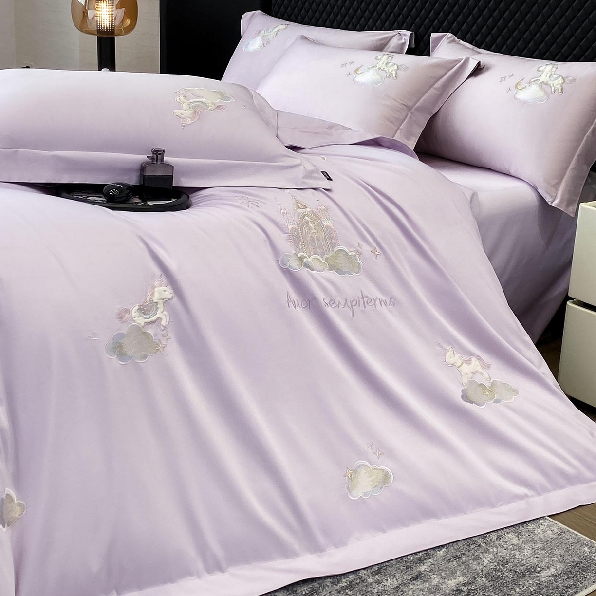 91家纺网 家纺一手货源 找家纺 （总）春夏新品A类长绒棉纯棉四件套100全棉重工刺绣被套床单床笠纯色高端轻奢床上用品