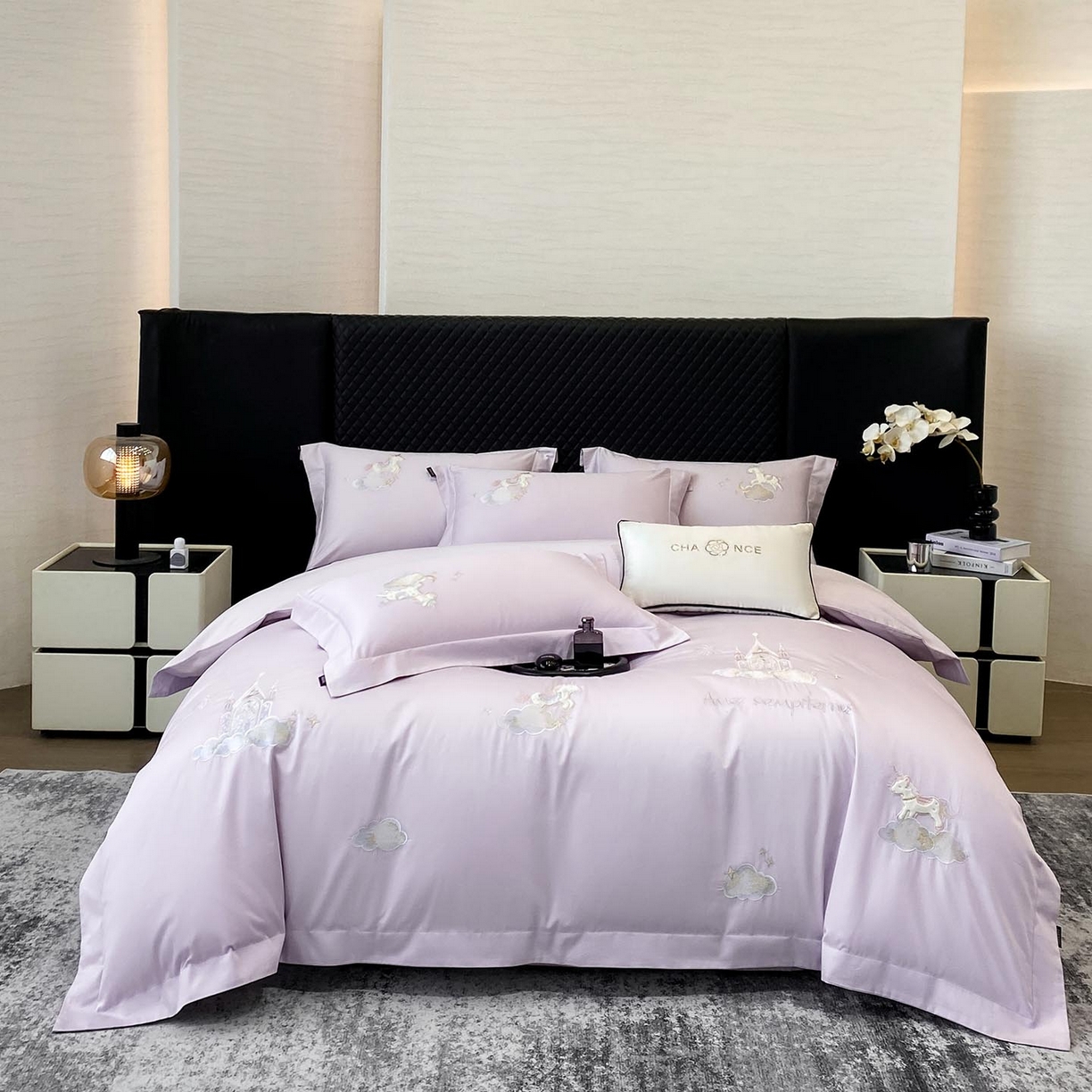 91家纺网 家纺一手货源 找家纺 春夏新品A类长绒棉纯棉四件套100全棉重工刺绣被套床单床笠纯色高端轻奢床上用品 城堡小马-黛紫