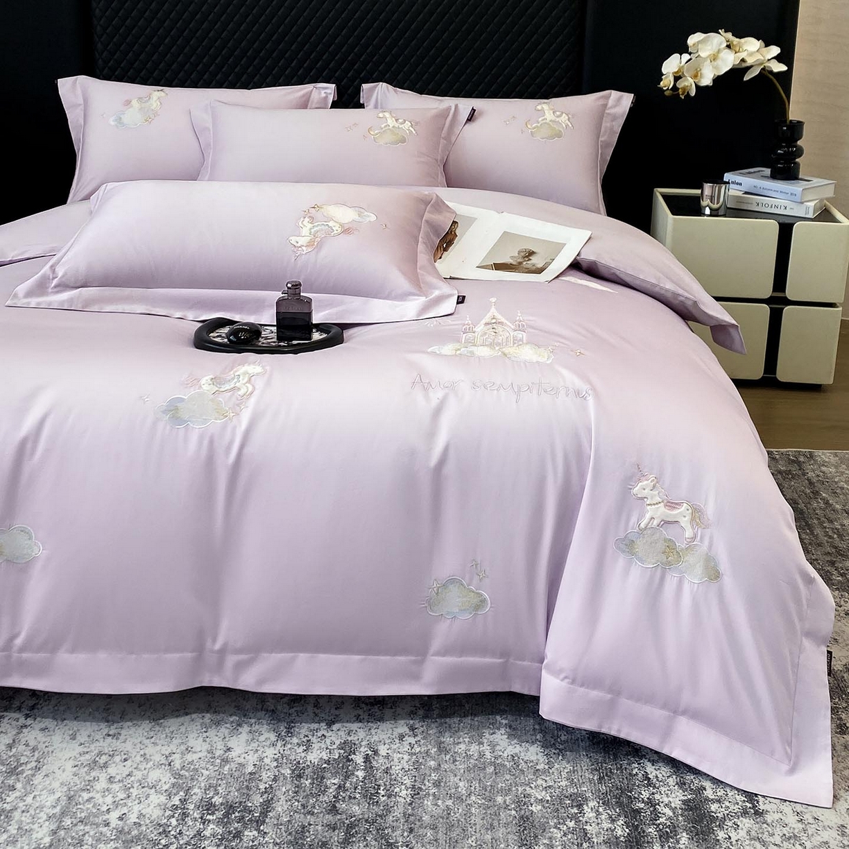 91家纺网 家纺一手货源 找家纺 （总）春夏新品A类长绒棉纯棉四件套100全棉重工刺绣被套床单床笠纯色高端轻奢床上用品