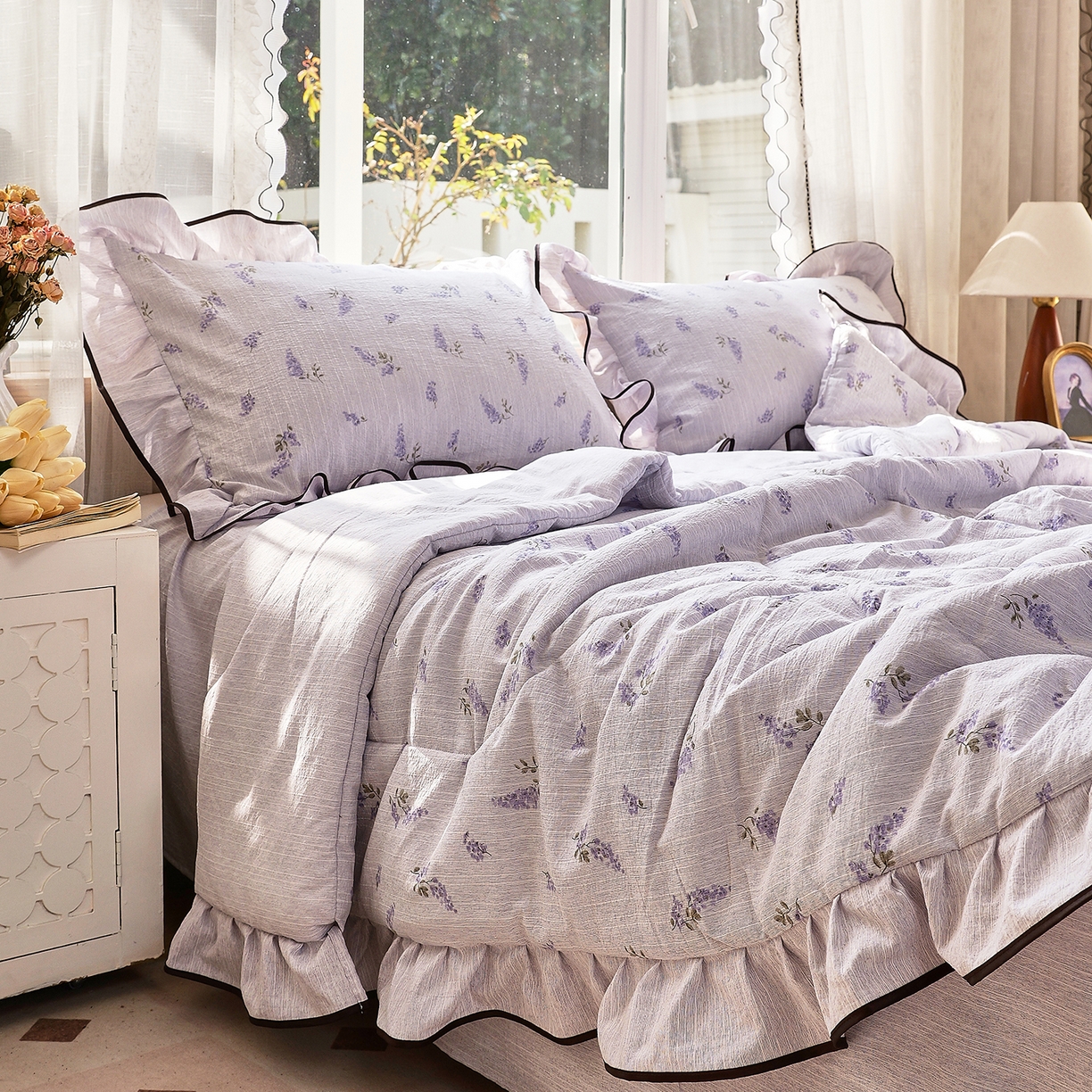 91家纺网 家纺一手货源 找家纺 宝士康家纺 2026新款10A抗菌提花色织花边单夏被/夏被四件套/空调被 紫穗