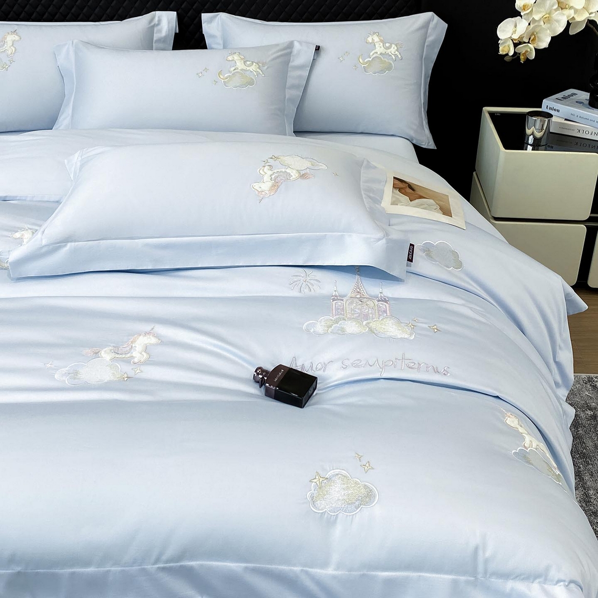 91家纺网 家纺一手货源 找家纺 （总）春夏新品A类长绒棉纯棉四件套100全棉重工刺绣被套床单床笠纯色高端轻奢床上用品