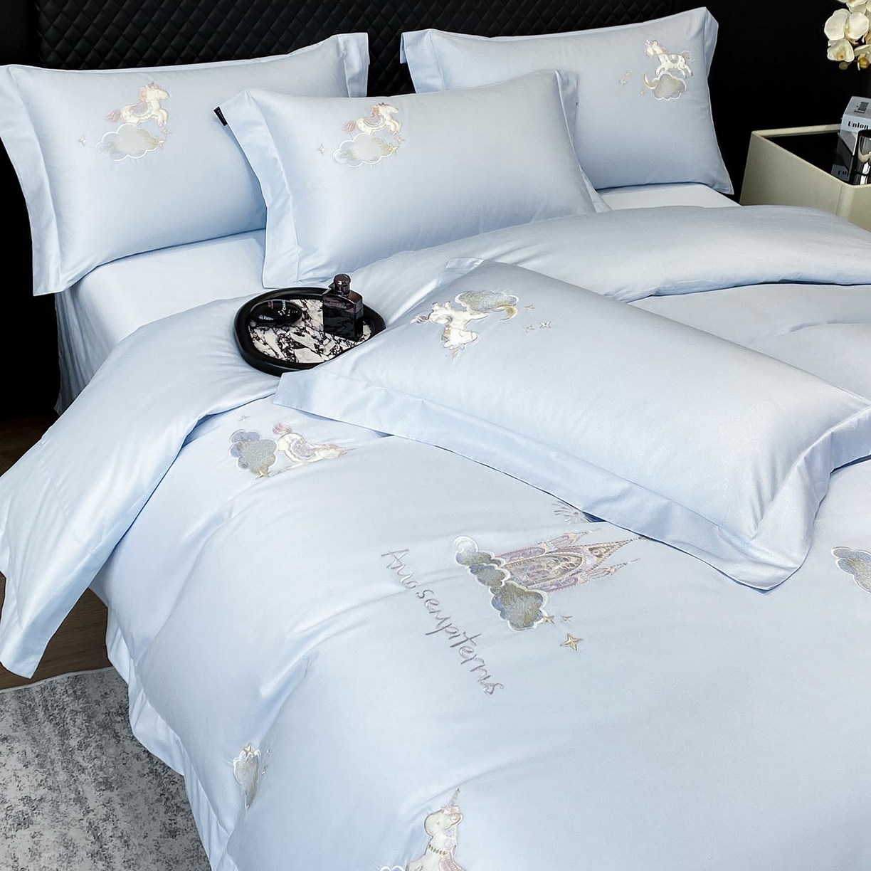 91家纺网 家纺一手货源 找家纺 （总）春夏新品A类长绒棉纯棉四件套100全棉重工刺绣被套床单床笠纯色高端轻奢床上用品