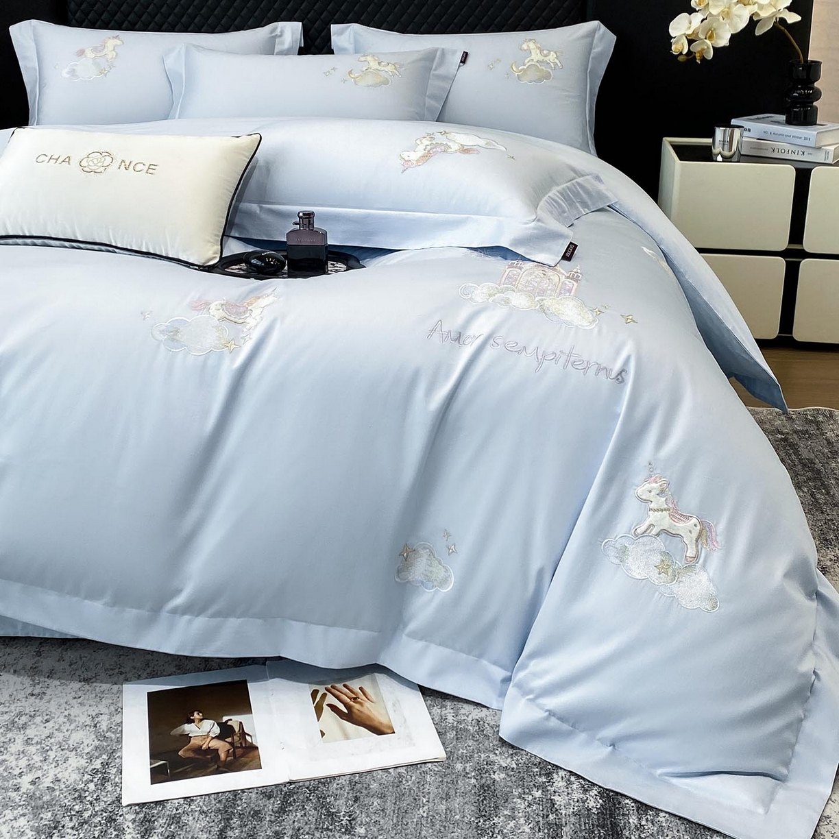 91家纺网 家纺一手货源 找家纺 （总）春夏新品A类长绒棉纯棉四件套100全棉重工刺绣被套床单床笠纯色高端轻奢床上用品