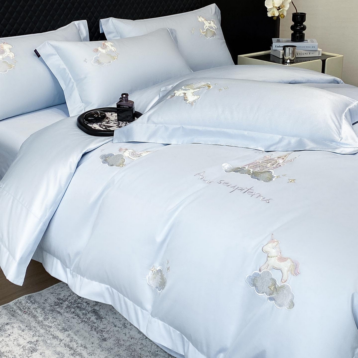 91家纺网 家纺一手货源 找家纺 （总）春夏新品A类长绒棉纯棉四件套100全棉重工刺绣被套床单床笠纯色高端轻奢床上用品