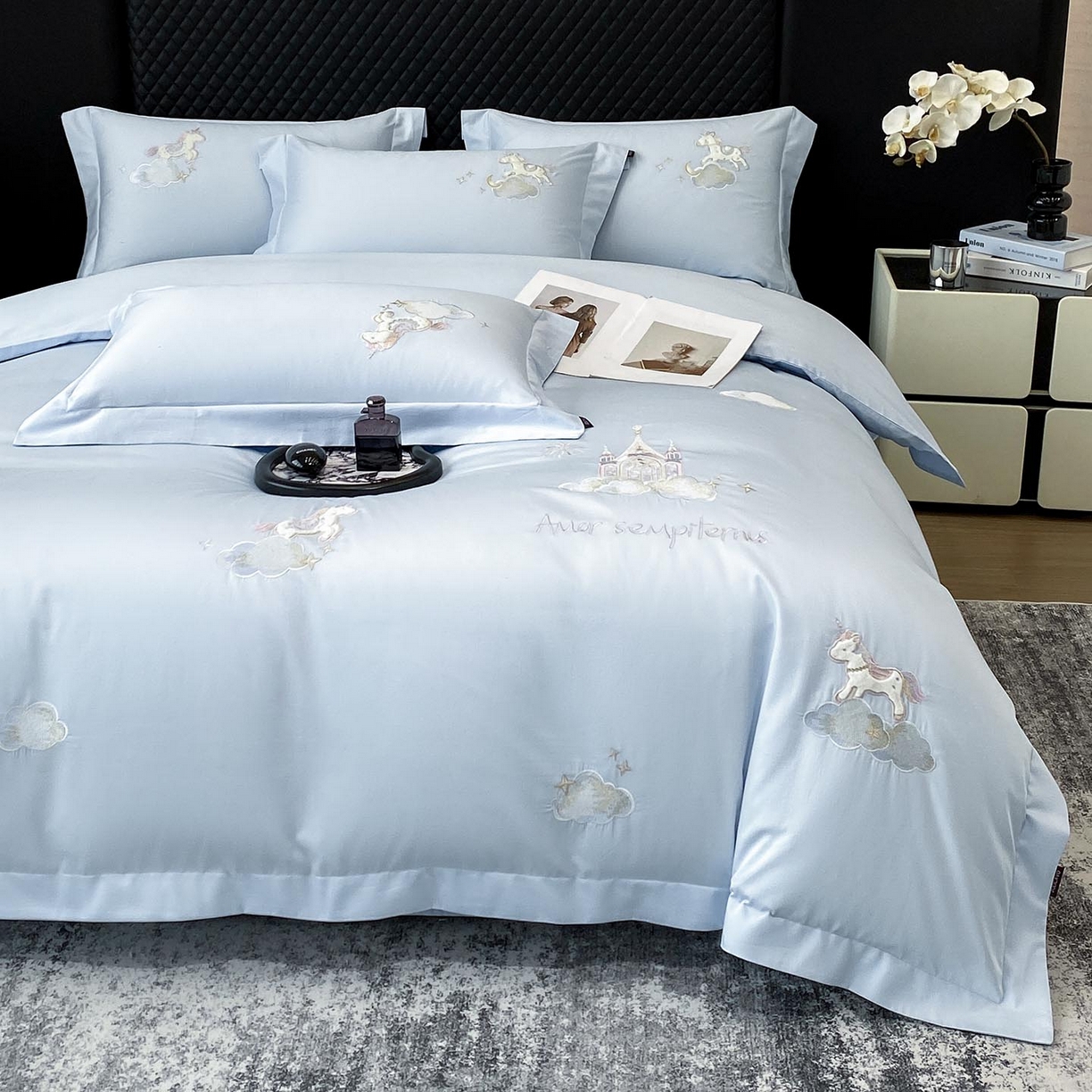 91家纺网 家纺一手货源 找家纺 （总）春夏新品A类长绒棉纯棉四件套100全棉重工刺绣被套床单床笠纯色高端轻奢床上用品