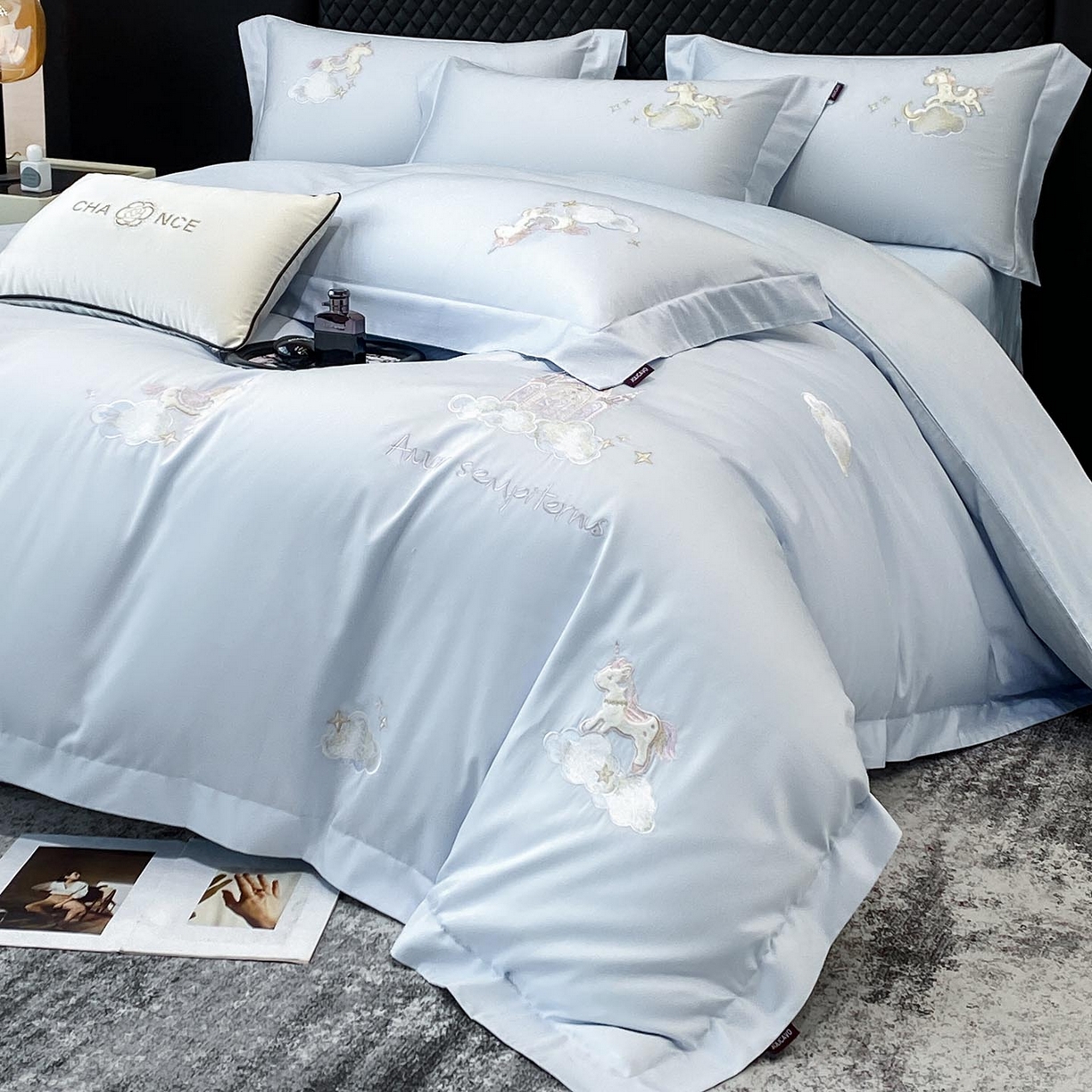 91家纺网 家纺一手货源 找家纺 （总）春夏新品A类长绒棉纯棉四件套100全棉重工刺绣被套床单床笠纯色高端轻奢床上用品