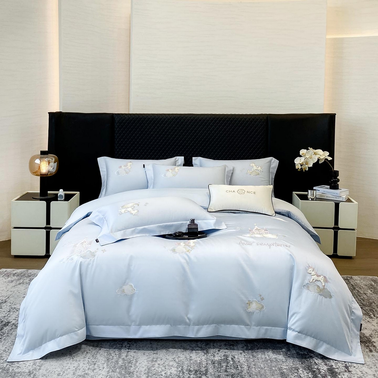 91家纺网 家纺一手货源 找家纺 （总）春夏新品A类长绒棉纯棉四件套100全棉重工刺绣被套床单床笠纯色高端轻奢床上用品