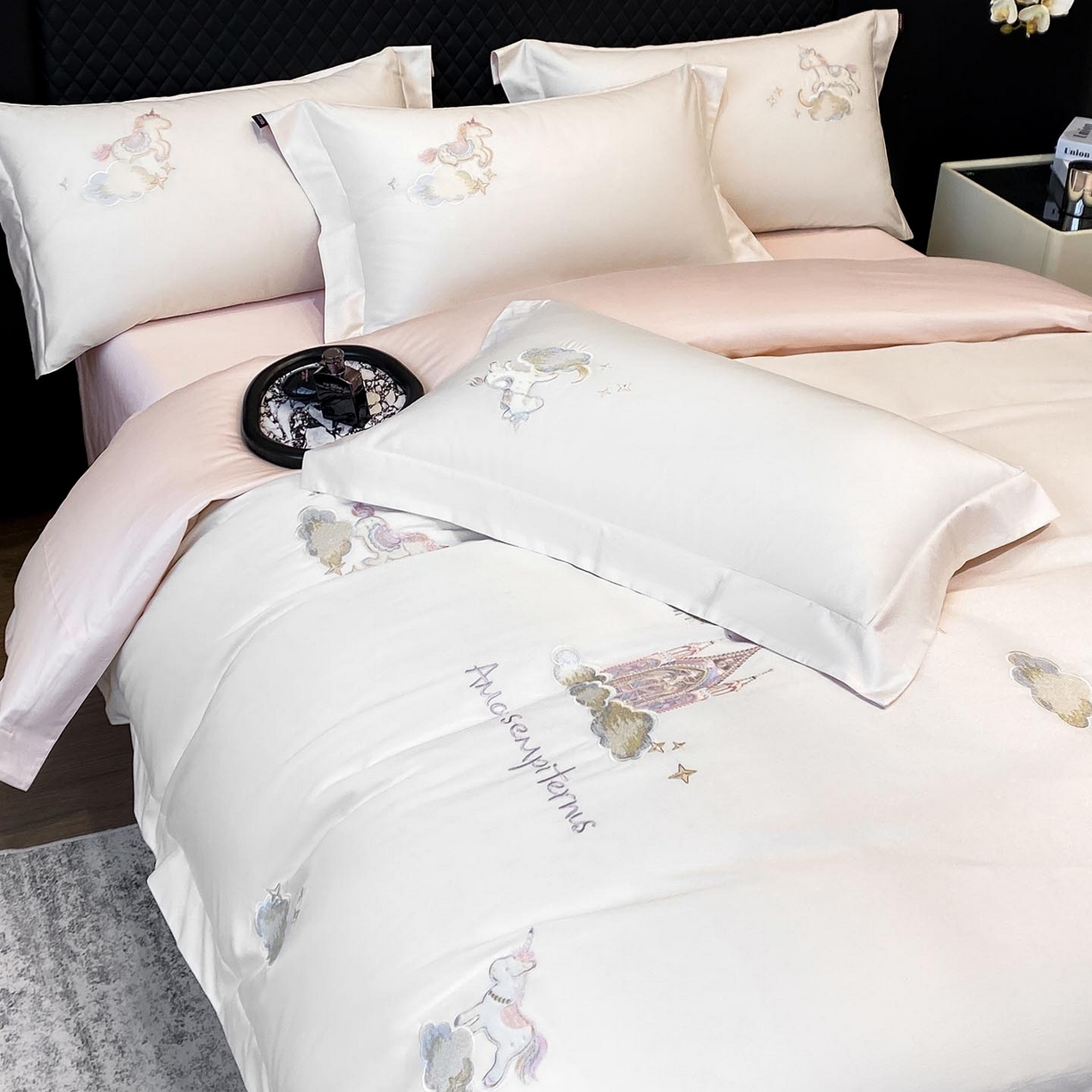 春夏新品A类长绒棉纯棉四件套100全棉重工刺绣被套床单床笠纯色高端轻奢床上用品 城堡小马-奶白