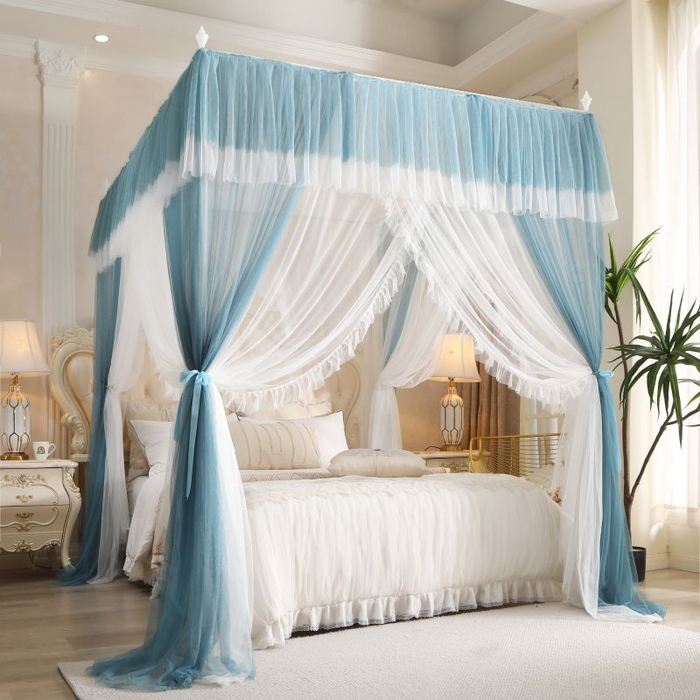 91家纺网 家纺一手货源 找家纺 青竹苑 2026春夏新款双层纱撞色落地蚊帐 孔雀蓝