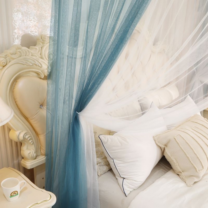 91家纺网 家纺一手货源 找家纺 青竹苑 2026春夏新款双层纱撞色落地蚊帐 孔雀蓝