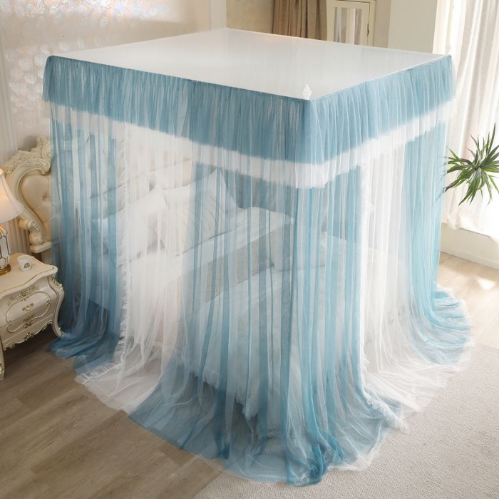 91家纺网 家纺一手货源 找家纺 青竹苑 2026春夏新款双层纱撞色落地蚊帐 孔雀蓝