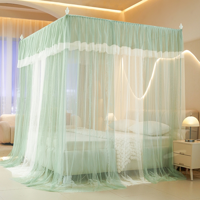 青竹苑 2026春夏新款双层纱撞色落地蚊帐 薄荷绿