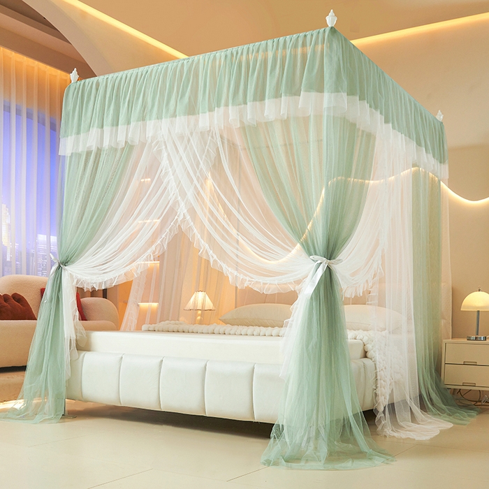 91家纺网 家纺一手货源 找家纺 青竹苑 2026春夏新款双层纱撞色落地蚊帐 薄荷绿
