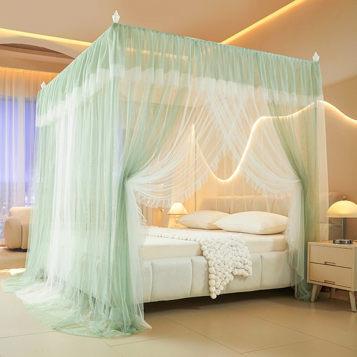 91家纺网 家纺一手货源 找家纺 青竹苑 2026春夏新款双层纱撞色落地蚊帐 薄荷绿