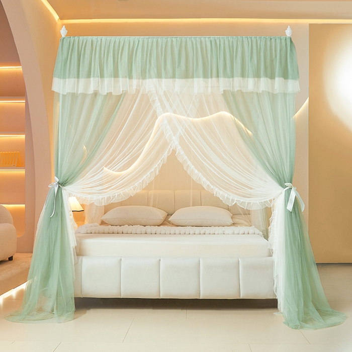 91家纺网 家纺一手货源 找家纺 青竹苑 2026春夏新款双层纱撞色落地蚊帐 薄荷绿