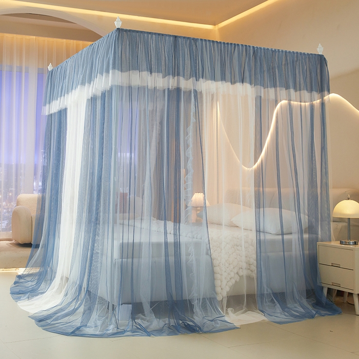 青竹苑 2026春夏新款双层纱撞色落地蚊帐 宝蓝