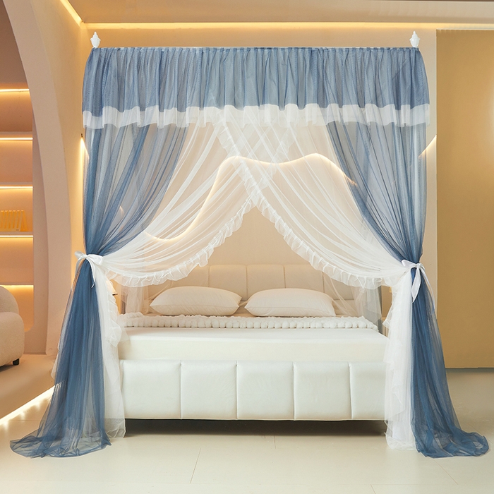 91家纺网 家纺一手货源 找家纺 青竹苑 2026春夏新款双层纱撞色落地蚊帐 宝蓝