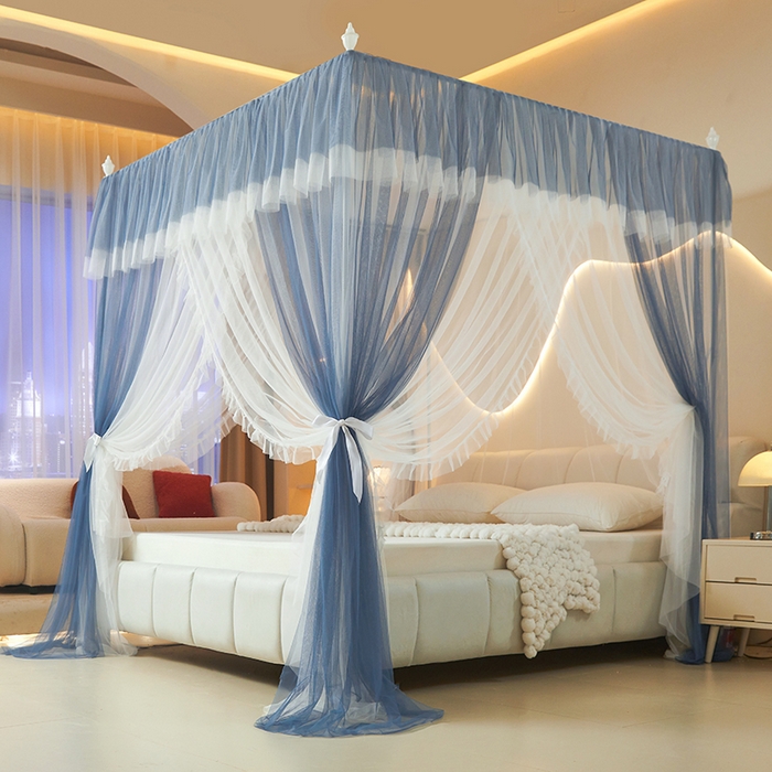 91家纺网 家纺一手货源 找家纺 青竹苑 2026春夏新款双层纱撞色落地蚊帐 宝蓝