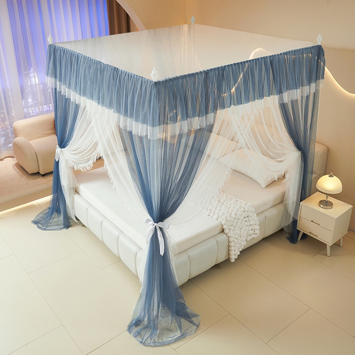 91家纺网 家纺一手货源 找家纺 青竹苑 2026春夏新款双层纱撞色落地蚊帐 宝蓝