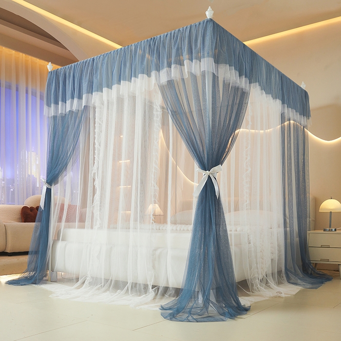 91家纺网 家纺一手货源 找家纺 青竹苑 2026春夏新款双层纱撞色落地蚊帐 宝蓝