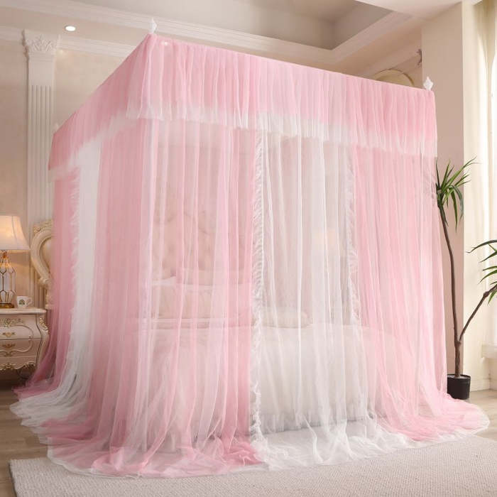 青竹苑 2026春夏新款双层纱撞色落地蚊帐 嫩粉色