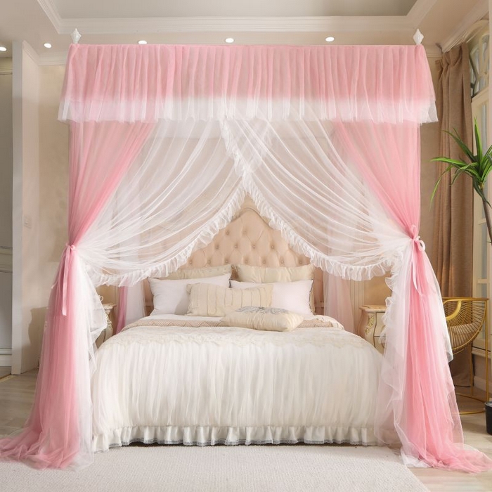 91家纺网 家纺一手货源 找家纺 青竹苑 2026春夏新款双层纱撞色落地蚊帐 嫩粉色