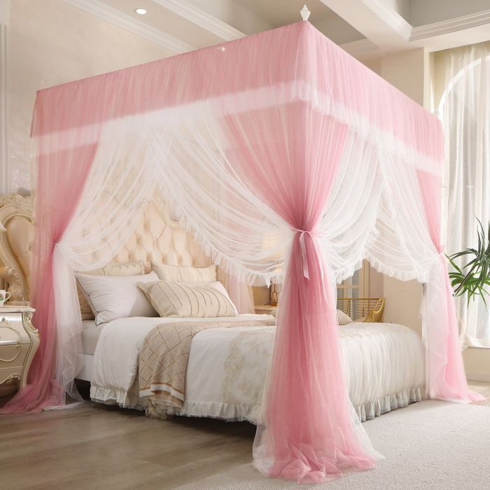 91家纺网 家纺一手货源 找家纺 青竹苑 2026春夏新款双层纱撞色落地蚊帐 嫩粉色