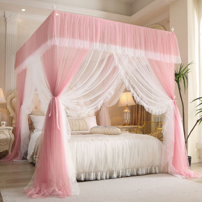 91家纺网 家纺一手货源 找家纺 青竹苑 2026春夏新款双层纱撞色落地蚊帐 嫩粉色