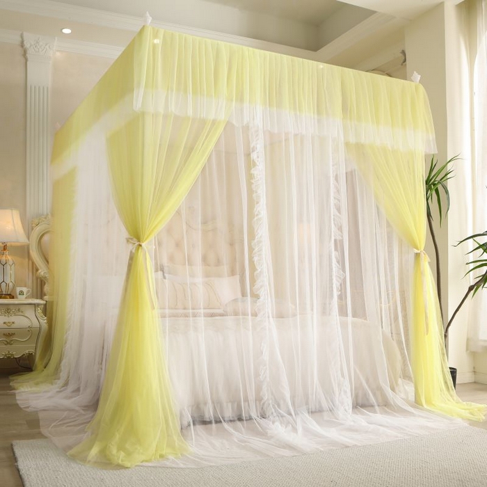 91家纺网 家纺一手货源 找家纺 青竹苑 2026春夏新款双层纱撞色落地蚊帐 柠檬黄