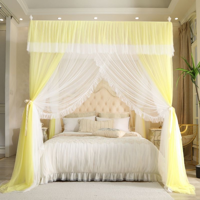 91家纺网 家纺一手货源 找家纺 青竹苑 2026春夏新款双层纱撞色落地蚊帐 柠檬黄
