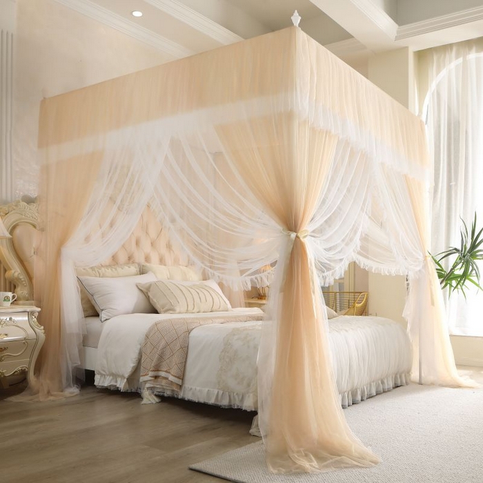 91家纺网 家纺一手货源 找家纺 青竹苑 2026春夏新款双层纱撞色落地蚊帐 香槟色