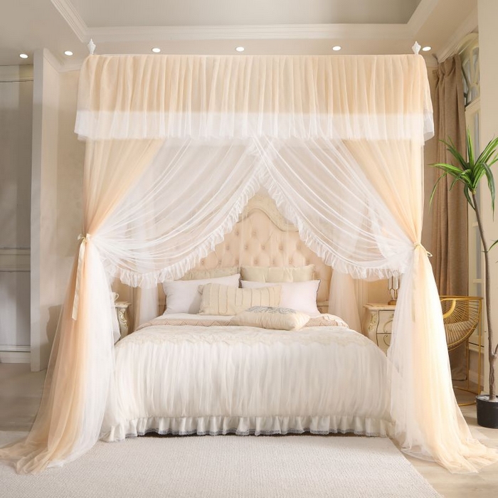 91家纺网 家纺一手货源 找家纺 青竹苑 2026春夏新款双层纱撞色落地蚊帐 香槟色