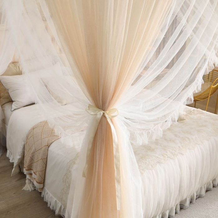 91家纺网 家纺一手货源 找家纺 青竹苑 2026春夏新款双层纱撞色落地蚊帐 香槟色