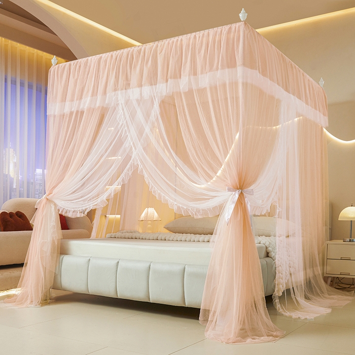 91家纺网 家纺一手货源 找家纺 青竹苑 2026春夏新款双层纱撞色落地蚊帐 玉色