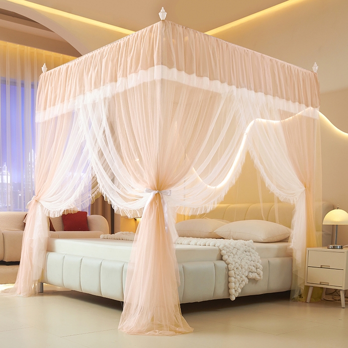 91家纺网 家纺一手货源 找家纺 青竹苑 2026春夏新款双层纱撞色落地蚊帐 玉色