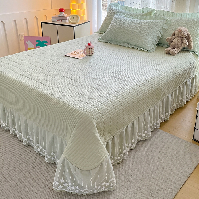 91家纺网 家纺一手货源 找家纺 艺慕家纺 2026新款直播热款古法仿棉AB版水洗棉印花双层蕾丝花边夏被床盖四件套 AB版-薄荷绿