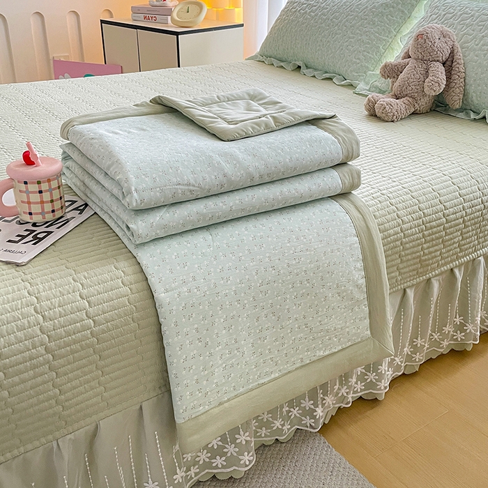 艺慕家纺 2026新款直播热款古法仿棉AB版水洗棉印花双层蕾丝花边夏被床盖四件套 AB版-薄荷绿