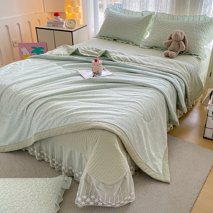 91家纺网 家纺一手货源 找家纺 艺慕家纺 2026新款直播热款古法仿棉AB版水洗棉印花双层蕾丝花边夏被床盖四件套 AB版-薄荷绿