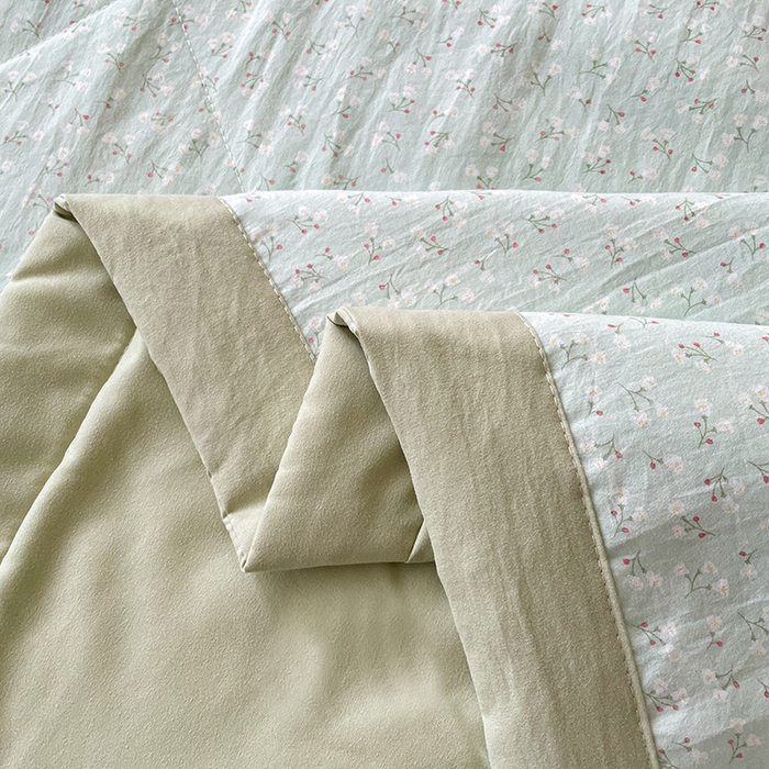 91家纺网 家纺一手货源 找家纺 艺慕家纺 2026新款直播热款古法仿棉AB版水洗棉印花双层蕾丝花边夏被床盖四件套 AB版-薄荷绿